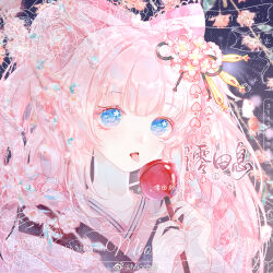 Rule 34 | 1girl, artist name, black ribbon, blue eyes, bow, candy apple, chinese commentary, colored eyelashes, commentary request, commission, fireworks, floral background, flower, flower in eye, food, hair bow, hair flower, hair ornament, hair ribbon, heart, heart in eye, holding, holding food, japanese clothes, kimono, licking candy apple, light blush, long hair, long sleeves, mioda xi, nail polish, night, night sky, open mouth, original, outdoors, pink bow, pink flower, pink hair, pink kimono, pink nails, pink ribbon, ribbon, sample watermark, sky, solo, symbol in eye, tongue, twintails, upper body, watermark, weibo username