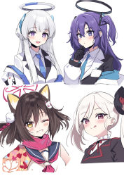 Rule 34 | 4girls, :p, animal ears, asymmetrical hair, black gloves, black suit, blue archive, blue necktie, blue sailor collar, blunt bangs, blush, brown hair, collared shirt, cropped torso, deadnooodles, formal, fox ears, fox hair ornament, gloves, hair ornament, halo, headset, highres, izuna (blue archive), jacket, jacket partially removed, long hair, medium hair, multiple girls, mutsuki (blue archive), neck ribbon, neckerchief, necktie, noa (blue archive), off shoulder, one eye closed, parted lips, pink eyes, pink neckerchief, pink scarf, pom pom (clothes), pom pom hair ornament, purple eyes, purple hair, red ribbon, ribbon, sailor collar, scarf, shirt, side ponytail, sidelocks, simple background, sketch, suit, swept bangs, tongue, tongue out, two side up, white background, white hair, white suit, yellow eyes, yuuka (blue archive)