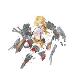 Rule 34 | 1girl, american flag, armor, armored boots, belt, black gloves, blonde hair, blouse, blue eyes, boots, breasts, broken, cannon, cleavage, collarbone, damaged, full body, gloves, hikari123456, jacket, looking at viewer, looking to the side, machinery, mechanical arms, midriff, navel, official art, open mouth, remodel (warship girls r), shirt, short hair, shorts, single mechanical arm, solo, standing, standing on one leg, tank top, tennessee (warship girls r), thigh strap, thighhighs, torn clothes, transparent background, turret, warship girls r, white shirt, white thighhighs, yellow jacket, yellow shorts