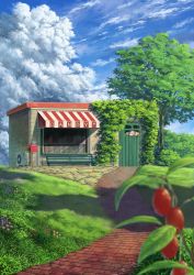 Rule 34 | absurdres, blue sky, blurry, blurry foreground, bush, cloud, cloudy sky, commentary request, day, door, english text, fantasy, flower, food, fruit, grass, highres, no humans, original, outdoors, path, plant, postbox, road, scenery, shop, sign, sky, suzu (susan slr97), tree