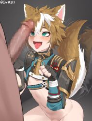 Rule 34 | 2boys, afterimage, animal ears, aqua eyes, armor, belt, black gloves, blush, bottomless, brown hair, censored, commentary, crop top, cross-eyed, dark-skinned male, dark skin, dog boy, dog ears, dog tail, erection, eyelashes, eyeliner, fang, fingerless gloves, g1 (jjw00123), genshin impact, gloves, gorou (genshin impact), grey background, hands up, highres, japanese armor, large penis, makeup, male focus, medium hair, mosaic censoring, motion lines, multicolored hair, multiple boys, navel, out of frame, paw pose, penis, penis awe, shoulder armor, sidelocks, streaked hair, tail, tail wagging, teeth, tongue, tongue out, trap, twitter username, white hair, yaoi