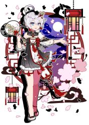 Rule 34 | 1girl, :d, absurdres, bare shoulders, blue eyes, china dress, chinese clothes, dress, earrings, elina (e2n04n), full body, full moon, hair ornament, hand fan, highres, holding, holding fan, honkai (series), honkai impact 3rd, jewelry, moon, night, night sky, open mouth, petals, short sleeves, sky, smile, solo, theresa apocalypse, zhuge kongming (honkai impact), white background, white dress, white hair, window, zhuge kongming (honkai impact)