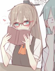 Rule 34 | 10s, 2girls, bad anatomy, bad hands, blue eyes, blurry, blush, book, brown hair, depth of field, earclip, english text, eyebrows, female focus, glasses, green hair, hair between eyes, heart, high ponytail, holding, holding book, kantai collection, kumano (kancolle), kvlen, long hair, looking at another, looking at viewer, multiple girls, open book, open mouth, pinky out, red-framed eyewear, school uniform, shirt, short sleeves, sketch, suzuya (kancolle), sweater vest, thought bubble, uniform, upper body, white background, white shirt