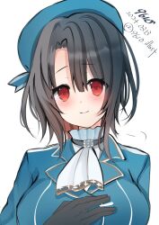Rule 34 | 1girl, 9610 (kuroto), ascot, beret, black gloves, black hair, blue hat, blush, breasts, dated, gloves, hand on own chest, hat, highres, jacket, kantai collection, large breasts, long sleeves, looking at viewer, military uniform, red eyes, short hair, simple background, smile, solo, takao (kancolle), twitter username, uniform, white background