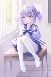 Rule 34 | 1girl, :d, absurdres, aged down, blue eyes, blue hair, blue sailor collar, blush, commentary request, day, desk, dress, eraser, fang, flower, gochuumon wa usagi desu ka?, hair between eyes, hair flower, hair intakes, hair ornament, hand up, highres, indoors, kafuu chino, liang feng qui ye, long sleeves, looking at viewer, no shoes, on desk, open mouth, panties, panties under pantyhose, pantyhose, puffy long sleeves, puffy sleeves, sailor collar, sailor dress, school desk, sidelocks, sitting, on desk, smile, solo, tile floor, tiles, twintails, underwear, white dress, white flower, white pantyhose, window, x hair ornament