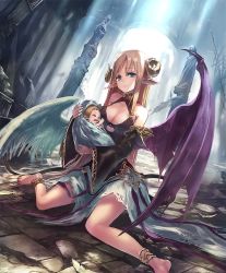 Rule 34 | 1girl, angel wings, anklet, artist request, asymmetrical wings, baby, baby carry, blonde hair, blue eyes, carrying, crying, cygames, demon girl, demon horns, demon tail, demon wings, detached sleeves, holding baby, horns, jewelry, long hair, looking at viewer, official art, pointy ears, roan winged nexx, ruins, shadowverse, shingeki no bahamut, tail, very long hair, wings