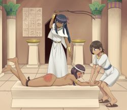 Rule 34 | 3girls, anklet, armlet, ass, belt, blue eyes, blue hair, bracelet, capelet, dress, egyptian, egyptian clothes, closed eyes, hairband, hieroglyphics, highres, jewelry, long hair, multiple girls, nude, open mouth, original, pillar, red ass, sandals, sash, shaded face, short hair, sidelocks, spanked, spanking, sweat, very long hair, whip, whip marks, whipping, white dress, white hairband, zekel