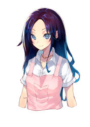 Rule 34 | 1girl, absurdres, apron, black hair, blue eyes, blue hair, collarbone, cropped torso, highres, hoshino (8679643), hoshino (illyasviel), jewelry, light smile, long hair, matching hair/eyes, necklace, original, parted bangs, shirt, short sleeves, simple background, solo, upper body, white background, white shirt