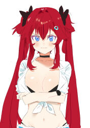 Rule 34 | 1girl, bikini, black bikini, black choker, blue eyes, blush, breasts, choker, cleavage, closed mouth, crop top, crossed arms, front-tie top, hair ornament, large breasts, last origin, long hair, looking at viewer, may of doom, pinch (nesume), red hair, shirt, shorts, simple background, sketch, solo, swimsuit, twintails, upper body, very long hair, white background, white shirt, white shorts