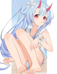 Rule 34 | 1girl, absurdres, barefoot, blue archive, blue hair, chise (blue archive), feet, highres, horns, long hair, looking at viewer, panties, parted lips, ponytail, red eyes, soles, striped clothes, striped panties, toes, underwear