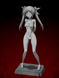 Rule 34 | 1girl, black background, breasts, groin, highres, lyrical nanoha, mahou shoujo lyrical nanoha strikers, medium breasts, navel, nipples, nude, open mouth, petrification, red background, simple background, standing, takamachi nanoha, tmzf, twintails, two-tone background