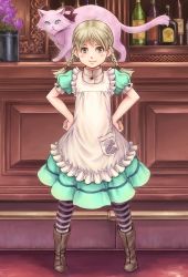 Rule 34 | 1girl, apron, bad id, bad pixiv id, blonde hair, boots, braid, cat, dress, green eyes, hair ornament, hairclip, hands on own hips, highres, kosai takayuki, original, pantyhose, smile, socks, striped clothes, striped pantyhose, twin braids