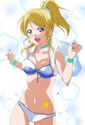 1girl ayase_eli bare_shoulders bikini blonde_hair blue_eyes blue_nails blush breasts earrings hair_ornament hair_scrunchie high_ponytail highres hood hooded_jacket jacket jewelry long_hair looking_at_viewer love_live! medium_breasts nagi_mkrnpn nail_polish navel open_clothes open_mouth ponytail scrunchie simple_background sleeveless sleeveless_jacket smile solo star_(sky) star_(symbol) star_earrings star_sticker swimsuit two-tone_background white_bikini