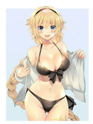Rule 34 | 1girl, bare shoulders, bikini, black bikini, blonde hair, blue background, blue eyes, blush, border, braid, breasts, cleavage, collarbone, fate/grand order, fate (series), grey jacket, hairband, hip focus, jacket, jeanne d&#039;arc (fate), jeanne d&#039;arc (ruler) (fate), jeanne d&#039;arc (swimsuit archer) (fate), jeanne d&#039;arc (swimsuit archer) (first ascension) (fate), large breasts, long hair, looking at viewer, navel, off shoulder, open clothes, open jacket, open mouth, simple background, smile, solo, swimsuit, teddy (khanshin), thighs, very long hair, white border