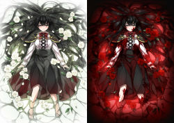 Rule 34 | 1girl, afloat, barefoot, black eyes, black hair, black skirt, blood, blood in hair, blood on clothes, blood on face, bow, bowtie, capelet, center frills, character request, closed mouth, copyright request, flower, frilled sleeves, frills, full body, hair between eyes, hair spread out, high-waist skirt, highres, izumiico, looking at viewer, lying, mole, mole under mouth, multiple views, on back, red bow, red bowtie, red flower, red rose, rose, shirt, skirt, sleeves past wrists, smile, water, white flower, white rose, white shirt