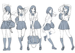 Rule 34 | 1girl, adjusting hair, arms up, bag, character sheet, greyscale, kneehighs, leaning, loafers, long hair, monochrome, multiple views, original, pleated skirt, ribbon, school bag, school uniform, shoes, simple background, skirt, socks, twinpoo, white background