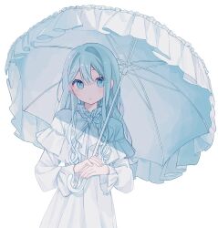 Rule 34 | 1girl, :|, blue eyes, blue hair, blush, capelet, closed mouth, collared dress, cowboy shot, dot nose, dress, expressionless, frilled capelet, frilled umbrella, frills, hair between eyes, hair intakes, hanuru~!, highres, holding, holding umbrella, long hair, long sleeves, looking at viewer, original, own hands together, shadow, sidelocks, simple background, solo, straight hair, umbrella, white background, white capelet, white dress, white umbrella