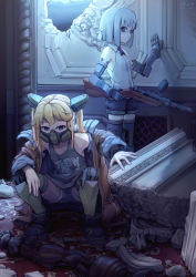 Rule 34 | 2girls, android, blonde hair, chinese commentary, commentary request, cyborg, dark, dated, gas mask, gun, highres, holding, holding gun, holding weapon, indoors, j.h j.h, jacket, mask, mechanical arms, mechanical legs, mp18, multiple girls, original, ruins, shirt, short hair, short shorts, shorts, signature, sleeveless, sleeveless shirt, squatting, submachine gun, tank top, twintails, weapon, white background