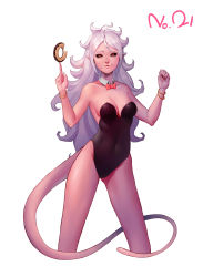 Rule 34 | 1girl, absurdres, android 21, animal ears, bad id, bad pixiv id, black sclera, breasts, cleavage, colored sclera, colored skin, detached collar, doughnut, dragon ball, dragon ball fighterz, fake animal ears, food, highres, leotard, long hair, looking at viewer, majin android 21, medium breasts, moonlit, nontraditional playboy bunny, pink skin, playboy bunny, pointy ears, rabbit ears, rabbit girl, red eyes, smile, solo, tail, white hair, wrist cuffs