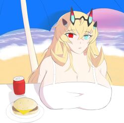 Rule 34 | 1girl, barghest (fate), beach, breasts, burger, byakko316, can, dress, drink can, fate/grand order, fate (series), food, heterochromia, highres, horns, large breasts, long hair, parasol, pink sky, sky, soda can, solo, sunset, umbrella