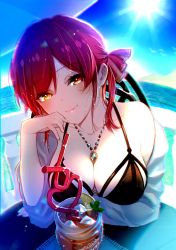 Rule 34 | 1girl, bare shoulders, bikini, black bikini, blush, breasts, collarbone, day, h56tom, hair ribbon, heterochromia, highres, hololive, houshou marine, jewelry, large breasts, long hair, looking at viewer, necklace, off shoulder, outdoors, red eyes, red hair, ribbon, smile, solo, swimsuit, table, twintails, virtual youtuber, wet, yellow eyes