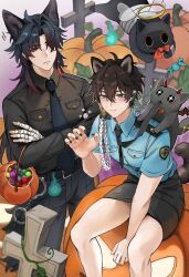 2boys 2others androgynous animal_ears aqua_eyes belt black_fur black_hair black_necktie black_pants black_shirt black_skirt blade_(honkai:_star_rail) blue_shirt blush cat closed_mouth crossdressing dan_heng_(honkai:_star_rail) earrings fox_ears hair_between_eyes halloween halloween_costume highres honkai:_star_rail honkai_(series) jack-o&#039;-lantern jewelry long_hair long_sleeves male_focus multicolored_hair multiple_boys multiple_others necktie pants police police_uniform red_hair shiraiyu327 shirt short_hair short_sleeves skirt trap