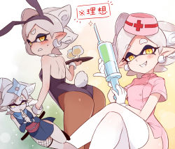 Rule 34 | + +, 1girl, alternate costume, animal ears, annoyed, ass, blush, cup, detached collar, drink, drinking glass, ear blush, earrings, eyebrows, fake animal ears, gloves, grin, hat, inkling, jewelry, kuji-in, leotard, looking at viewer, marie (splatoon), mole, mole under eye, multiple persona, ninja, nintendo, nurse, pantyhose, playboy bunny, pointy ears, rabbit ears, rabbit tail, short hair, shuriken, silver hair, smile, splatoon (series), splatoon 1, strapless, sweatdrop, symbol-shaped pupils, syringe, tail, tentacle hair, tentacles, ter (otokoter), thick eyebrows, thighhighs, weapon, white gloves, white thighhighs, wrist cuffs, yellow eyes