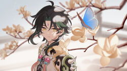Rule 34 | 1boy, absurdres, ahoge, bead necklace, beads, blue butterfly, blurry, branch, bug, butterfly, dark green hair, depth of field, flower, forehead tattoo, genshin impact, highres, insect, jewelry, necklace, shirt, short hair, shoulder tattoo, sidelocks, sleepy1292673668, slit pupils, solo, tattoo, tree, white shirt, xiao (genshin impact), yellow eyes