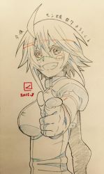 Rule 34 | 10s, 1girl, 2015, ahoge, blush stickers, breasts, color trace, dated, gradient background, grin, looking at viewer, miyahara takuya, monster girl, monster musume no iru nichijou, pointing, pointing at viewer, sketch, smile, solo, stitches, traditional media, uniform, upper body, zombie, zombina (monster musume)