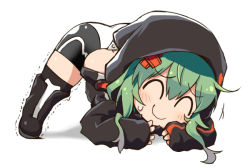 Rule 34 | 1girl, arm rest, ass, bike shorts, black footwear, black jacket, black shorts, black thighhighs, blush, boots, butt crack, chibi, digimon, digimon world re:digitize, expressionless, flexible, full body, green hair, grin, hair between eyes, hair ornament, hood, hood up, jack-o&#039; challenge, jacket, knee boots, long hair, long sleeves, looking at viewer, meme, n36hoko, nervous smile, shinomiya rina, shiny skin, short hair, short hair with long locks, shorts, signature, simple background, smile, solo, spread legs, stretching, sweat, teeth, thighhighs, top-down bottom-up, trembling, white background, white footwear, white shorts, wide spread legs