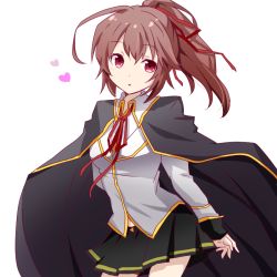 Rule 34 | 1girl, black skirt, blazblue, brown hair, cape, celica a. mercury, hair ribbon, heart, long hair, looking at viewer, pleated skirt, ponytail, red eyes, red ribbon, ribbon, shiinaki, simple background, skirt, solo, white background