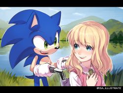 Rule 34 | 1boy, 1girl, blonde hair, blue eyes, blue fur, derivative work, furry, furry male, green eyes, happy, hedgehog, hedgehog ears, helen (sonic x), highres, isa-415810, lake, letterboxed, long hair, looking at another, nature, open mouth, screenshot redraw, shirt, smile, snout, sonic (series), sonic the hedgehog, sonic x, wheelchair, white shirt