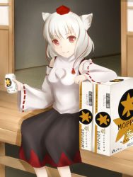 Rule 34 | 1girl, alcohol, animal ears, bare shoulders, beer, box, breasts, detached sleeves, hat, holding, inubashiri momiji, kupomi, looking at viewer, pom pom (clothes), red eyes, shirt, short hair, silver hair, skirt, smile, solo, tokin hat, touhou, white shirt, wolf ears