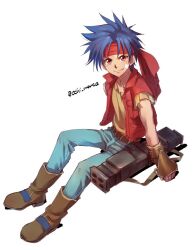 Rule 34 | 1boy, belt, blue hair, boots, brown eyes, closed mouth, denim, full body, gloves, headband, jeans, looking at viewer, male focus, ochi marco, pants, red vest, rody roughnight, simple background, smile, solo, vest, weapon, white background, wild arms, wild arms 1