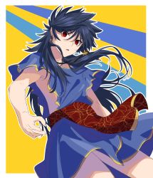 Rule 34 | 1boy, absurdres, aged down, alternate skin color, blue hair, closed mouth, clothing cutout, cowboy shot, dark blue hair, earrings, fate/grand order, fate (series), greco-roman clothes, highres, jewelry, long hair, looking at viewer, male focus, necklace, onasu (sawagani), pale skin, red eyes, roman clothes, romulus quirinus (fate), short sleeves, side cutout, simple background, solo, upper body, very long hair