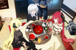 Rule 34 | 4girls, ahoge, akari (blue archive), black horns, black shirt, black sweater, blonde hair, blue archive, blue eyes, blush, braid, chopsticks, closed eyes, closed mouth, demon horns, eating, food, grey hair, hair between eyes, haruna (blue archive), holding, holding chopsticks, horns, indoors, izumi (blue archive), junko (blue archive), long hair, long sleeves, multiple girls, nabe, no halo, open mouth, pointy ears, qtwz, red eyes, red hair, shirt, side braid, sitting, smile, striped clothes, striped shirt, sweater, table, tatami, twintails
