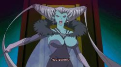 Rule 34 | 00s, 1girl, angry, animated, animated gif, bouncing breasts, breasts, dress, drill hair, earrings, elbow gloves, eyeshadow, gloves, jewelry, jiggle, large breasts, lingerie senshi papillon rose, long hair, makeup, smoking pipe, pointy ears, red eyes, regina apis (lingerie senshi papillon rose), screencap, shouting, subtitled, throne, wings
