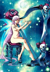 Rule 34 | 1990s (style), 1girl, bare legs, barefoot, breasts, censored, chair, convenient censoring, fairy, fairy wings, harp, highres, instrument, crossed legs, long hair, moon, natalia schiller, nude, original, pink hair, pointy ears, retro artstyle, sitting, skull, solo, star (symbol), tattoo, very long hair, wings