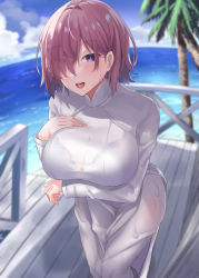 Rule 34 | 1girl, ass, beach, blue sky, blush, breasts, fate/grand order, fate (series), hair over one eye, highres, kazami chiu, large breasts, light purple hair, long sleeves, looking at viewer, mash kyrielight, multiple views, ocean, open mouth, purple eyes, shirt, sky, smile, vietnamese dress