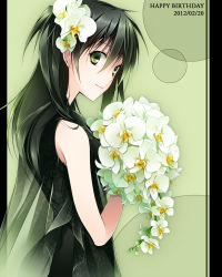 Rule 34 | 1girl, 2012, bad id, bad pixiv id, black dress, bouquet, closed mouth, d.gray-man, dated, dress, drugstore04, earrings, flower, from side, green eyes, green hair, hair between eyes, hair flower, hair ornament, happy birthday, holding, holding bouquet, jewelry, lenalee lee, long hair, looking at viewer, see-through, sleeveless, sleeveless dress, smile, solo, standing, white flower