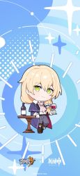 Rule 34 | 1boy, ascot, blonde hair, chibi, crossover, cup, drinking glass, full body, genshin impact, green eyes, highres, holding, holding cup, honkai (series), honkai impact 3rd, long hair, looking at viewer, low ponytail, male focus, mihoyo, official art, official wallpaper, otto apocalypse, pink ascot, standing