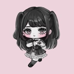 Rule 34 | 1girl, :3, belt, black belt, black bow, black bowtie, black dress, black footwear, black hair, black socks, bow, bowtie, chibi, chibi only, dress, frills, full body, grey eyes, heart, heart hands, highres, kneehighs, light blush, long hair, long sleeves, looking at viewer, no shoes, open mouth, original, own hands together, pink background, shiona (siona0625), simple background, socks, solo, standing, two side up
