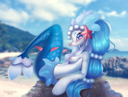 Rule 34 | 1girl, artist name, beach, blue eyes, blue hair, blue sky, blush, breasts, cloud, creatures (company), day, female focus, fins, from side, full body, furry, furry female, game freak, gem, gen 7 pokemon, hair ornament, logo, long hair, looking at viewer, lying, medium breasts, mountain, navel, nintendo, nipples, ocean, on back, outdoors, pearl (gemstone), pokemon, pokemon (creature), pokemon sm, primarina, rock, sky, smile, solo, starfish, tail, tawni tailwind, text focus, water, watermark