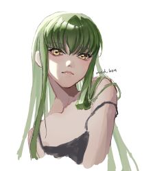 Rule 34 | 1girl, c.c., camisole, code geass, collarbone, green hair, grey camisole, hair behind ear, highres, long hair, making-of available, med (med 1024), off shoulder, sketch, solo, white background, yellow eyes