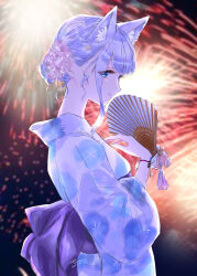 Rule 34 | 1girl, absurdres, animal ear fluff, animal ears, back bow, blue kimono, blush, bow, bracelet, cat ears, closed mouth, commentary request, fireworks, flower, hair between eyes, hair flower, hair ornament, hair up, hand fan, hand up, highres, holding, holding fan, japanese clothes, jewelry, kimono, long sleeves, looking at viewer, night, noripro, obi, outdoors, pink flower, purple hair, sash, shirayuki mishiro, sidelocks, smile, solo, star (symbol), star hair ornament, tassel, upper body, virtual youtuber, x hair ornament, yuri kyanon