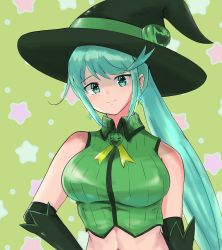 Rule 34 | 1girl, alternate costume, artryuuu, bare shoulders, breasts, costume, crop top, earrings, female focus, gloves, green background, green eyes, green gloves, green hair, green shirt, green theme, halloween, halloween costume, hat, highres, jack-o&#039;-lantern, jewelry, large breasts, long hair, matching hair/eyes, navel, pneuma (xenoblade), ponytail, shirt, solo, spoilers, swept bangs, very long hair, witch hat, xenoblade chronicles (series), xenoblade chronicles 2