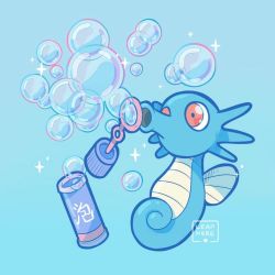Rule 34 | blue background, bubble, commentary, creature, creatures (company), english commentary, full body, game freak, gen 1 pokemon, horsea, leaphere, nintendo, no humans, pokemon, pokemon (creature), simple background, solo