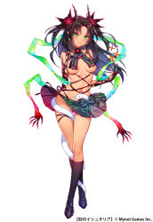 Rule 34 | 1girl, age of ishtaria, angra mainyu (age of ishtaria), black hair, breast curtains, copyright name, copyright notice, demon horns, earrings, full body, green eyes, hair ornament, highres, horns, jewelry, kneehighs, looking at viewer, munlu (wolupus), navel, official art, parted lips, pleated skirt, purple socks, simple background, skirt, socks, solo, standing, star (symbol), two side up, white background