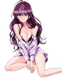 Rule 34 | 1girl, :3, absurdres, black bra, blue eyes, bra, breasts squeezed together, breasts, cleavage, dress shirt, earrings, highres, ichinose shiki, jewelry, long hair, looking at viewer, medium breasts, off shoulder, onaka (pixiv11820960), purple hair, shirt, sitting, smile, solo, strap slip, underwear, wavy hair, white background, white shirt