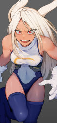 Rule 34 | 1girl, absurdres, animal ears, blue thighhighs, boku no hero academia, commentary, covered navel, dark-skinned female, dark skin, english commentary, foreshortening, gloves, grey background, halterneck, heattech leotard, highres, legs together, long hair, looking at viewer, mirko, open mouth, parted bangs, paw shoes, rabbit ears, rabbit girl, red eyes, simple background, solo, st (youx1119), standing, standing on one leg, swept bangs, thighhighs, turtleneck, very long hair, white gloves, white hair